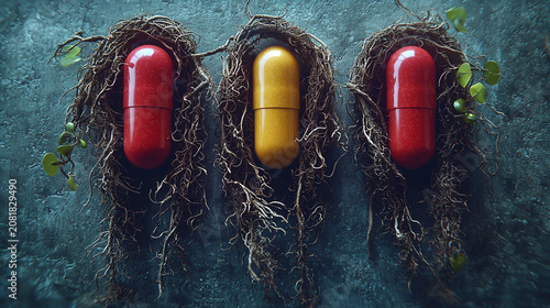 Colorful capsules surrounded by roots on a textured background