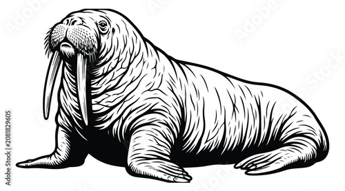 Bild auf Leinwand Vintage walrus illustration in woodcut style, detailed marine mammal vector with