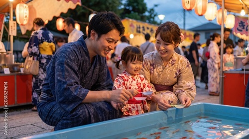 Young family with little daughter in yukata playing goldfish scooping at a pool during a Japanese summer festival, weekend leisure concept