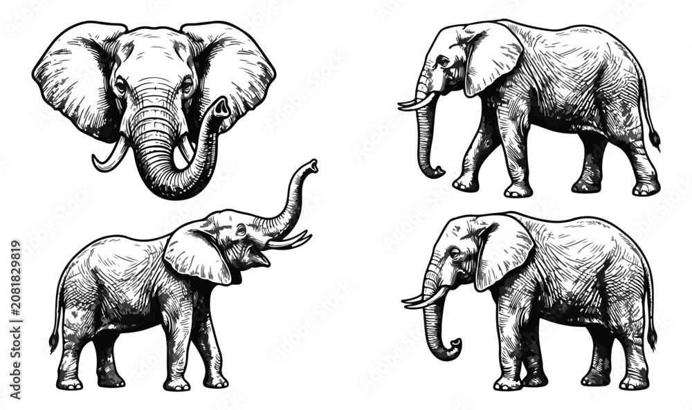 Fototapeta premium Vintage elephant engraving set, hand drawn african elephant vector illustrations, 4 detailed wildlife animal sketches for logo design and branding