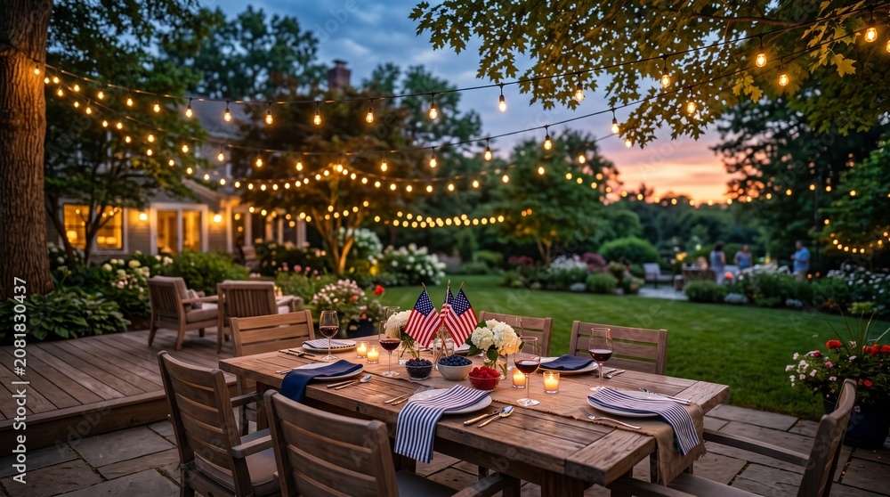 Obraz premium Patriotic dinner table set in backyard under glowing string lights