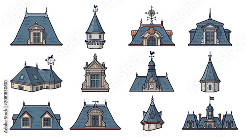 Obraz na płótnie Collection of Victorian French Mansard Roofs and Dormer Windows, Architectural E