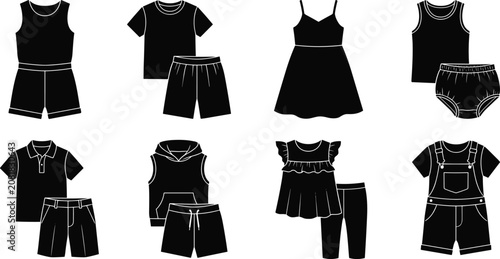 Schilderij op canvas Set of black silhouettes icons representing various children summer clothing out