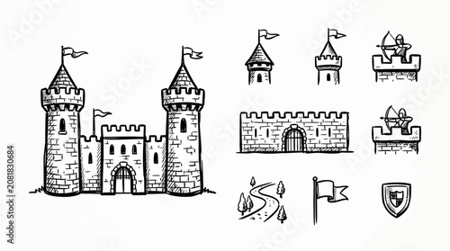 Obraz na plátně Medieval Castle Elements: Fortress, Towers, Walls, Archers, Shield, Flag, Path