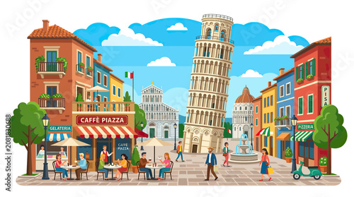 Foto Leaning Tower of Pisa in Italian Town Square with Cafes and People