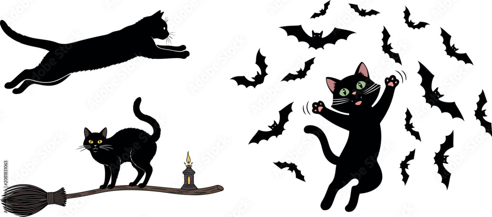 Fototapeta premium Halloween black cats flying with bats and broomstick