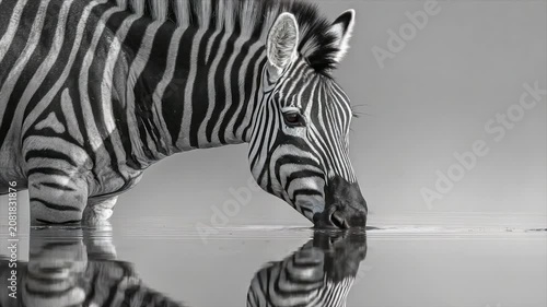 A black and white image of a zebra drinking water, with its reflection visible