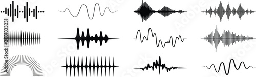 Fotografie Sound wave icons featuring analog and digital audio signals, music equalizer, vo
