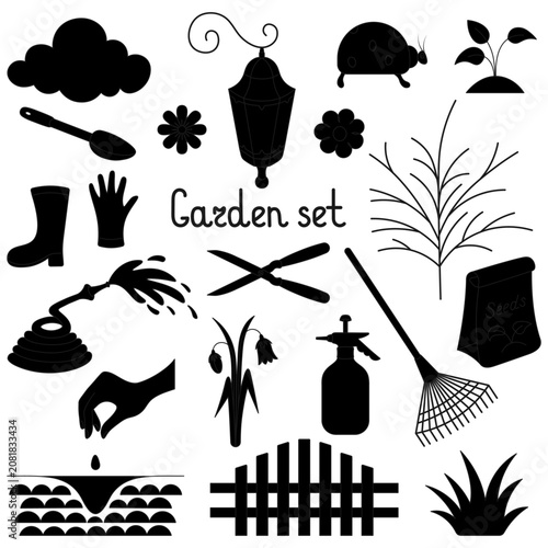Garden set. Silhouette. Vector collection of illustrations. Isolated white background. Garden pump sprayer, garden hose for watering the garden, paper bag with seeds, fan rake.
