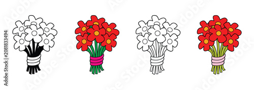 Floral flower bouquet vector icon set, red daisy floral bunch decorative gift celebration symbol set isolated illustration design background element artwork
