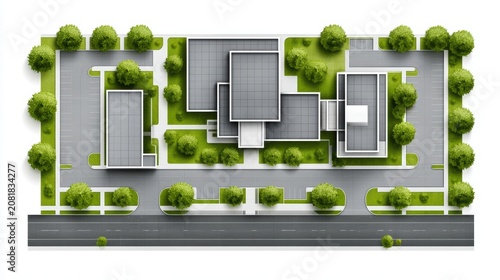 Top down bird eye view of modern commercial building complex and parking lot aerial view of office buildings surrounded by parking and green landscaping