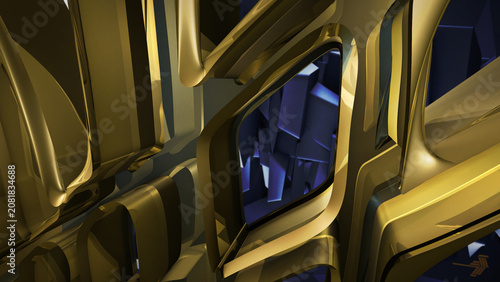 Metal texture background, with gold and blue hard curves. A digital 3D graphics geometric texture, perfect for technology and automotive products