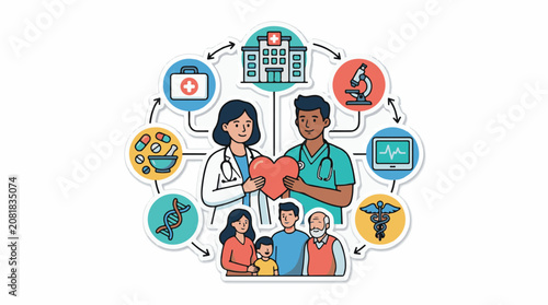Healthcare professionals and family surrounded by medical icons and hospital