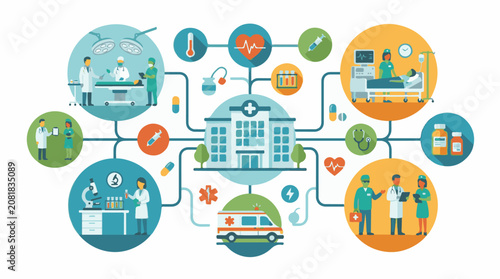 Healthcare services visualised through interconnected medical icons and scenes