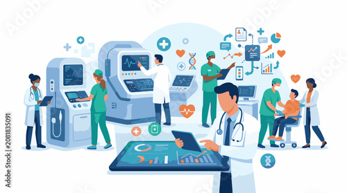 Healthcare professionals interact with medical technology and data visualization