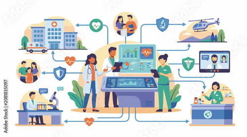 Healthcare network with hospital ambulance doctors patient and telemedicine