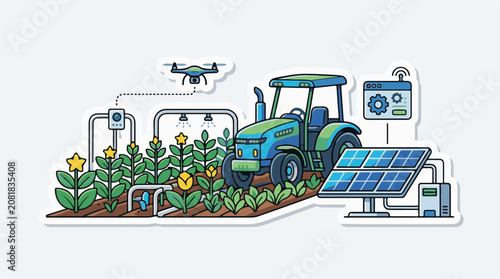 Modern farm with automated tractor drone and solar power