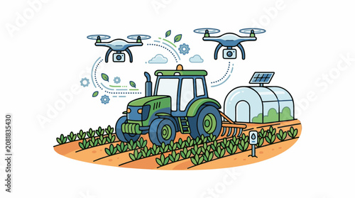 Modern farming with drones tractor and greenhouse