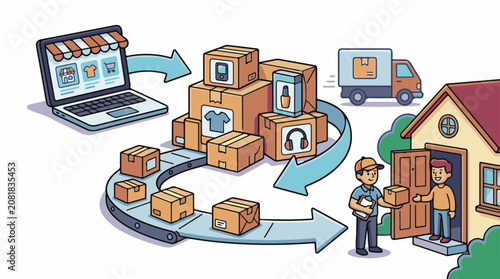 Online order fulfillment with delivery truck and house