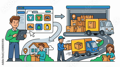 Online shopping and delivery process illustration with people and vehicles
