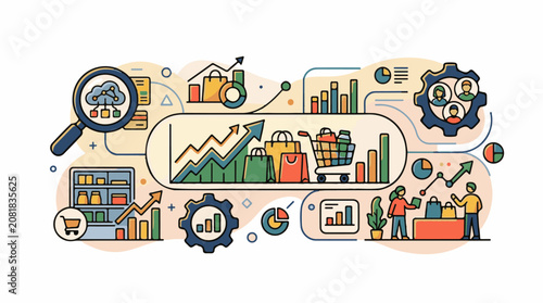 Shopping and data analysis with charts graphs and shopping bags