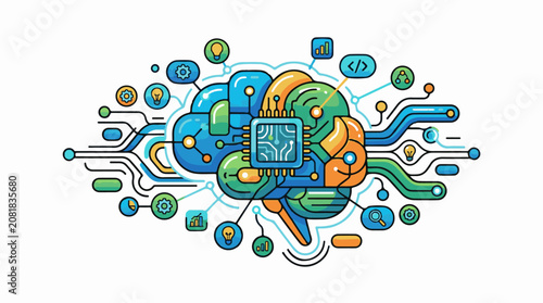 Stylized brain with central processor and connected icons