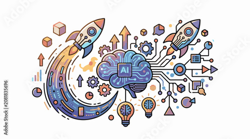 Stylized rockets and AI brain with circuitry and lightbulbs