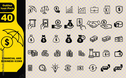 a set of financial and business icons designed in a consistent, minimalist line-art style