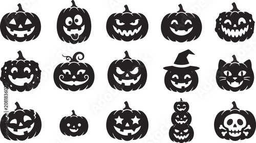 Cuadro en lienzo Halloween jack o' lantern collection diverse pumpkin carving silhouettes for spo