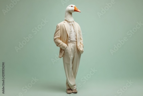 Whimsical portrait of a goose dressed fashion clothes. Humor, summer. Funny animal concept. Cool surreal character with a bird head human body wearing a suit on plain green background. Creative humor