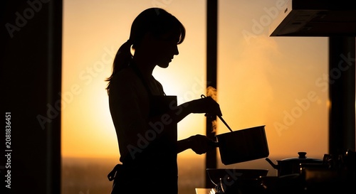 Silhouette of woman cooking in kitchen during golden hour sunset.