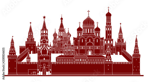 Moscow Kremlin Skyline Silhouette, Red Square Landmarks, Russia Travel Landmark Vector