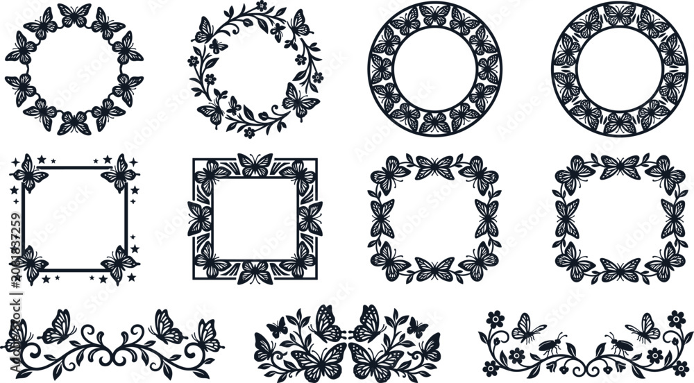 Fototapeta premium Butterfly Floral Frame Vector Collection with Decorative Wreaths, Ornamental Borders, Square Frames, and Elegant Nature Designs Isolated on Transparent Background