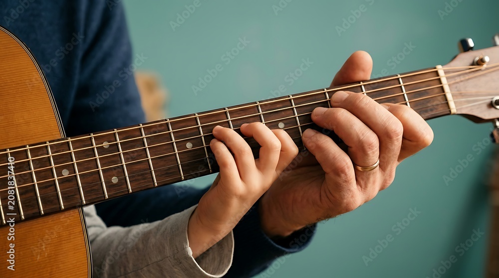 Obraz premium Father and son hand hold a wooden guitar neck