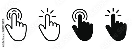 Hand click icon set, pointing hand cursor icons click and no click states black white vector illustration isolated UI design pack
