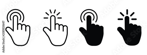 Hand click icon set, pointing hand cursor icons with and without click effect black and white vector illustration isolated design elements