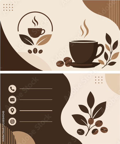 Modern Coffee Shop Business Card Template with Coffee Cup Flat Vector Design