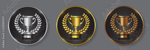 set of gold silver and bronze winner trophy cup emblems vector illustration.