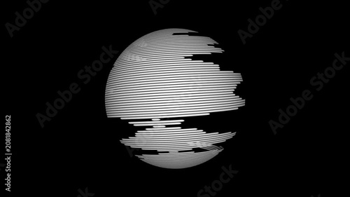 Abstract sphere made of horizontal white lines forming a globe shape on a dark black background for modern technology and digital communication concepts in a minimalist graphic design style