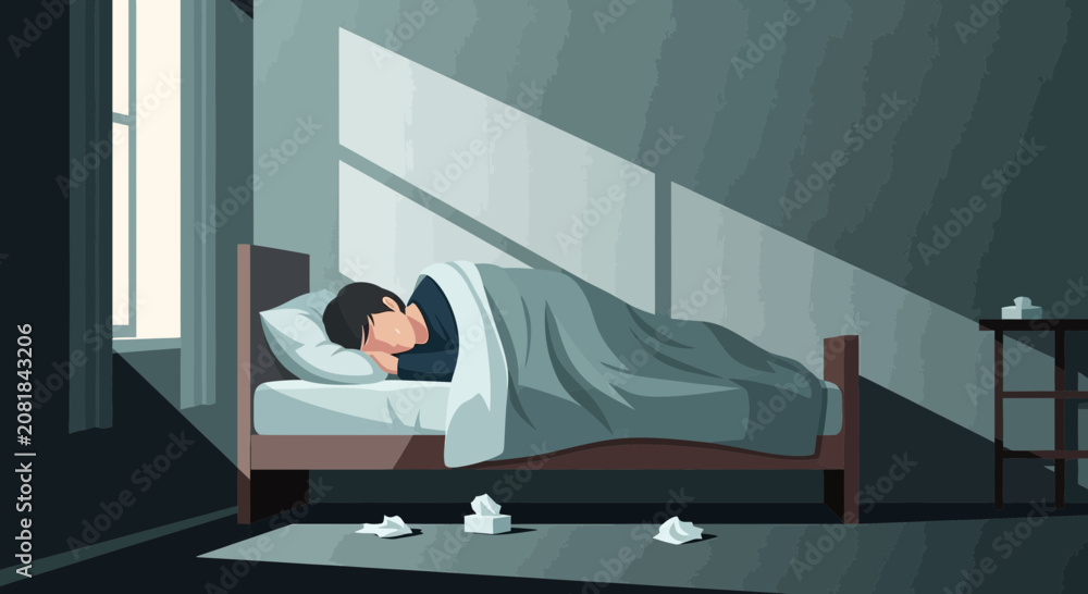 Fototapeta premium Resting Figure in a Dimly Lit Bedroom Under the Morning Sun's Gentle Rays