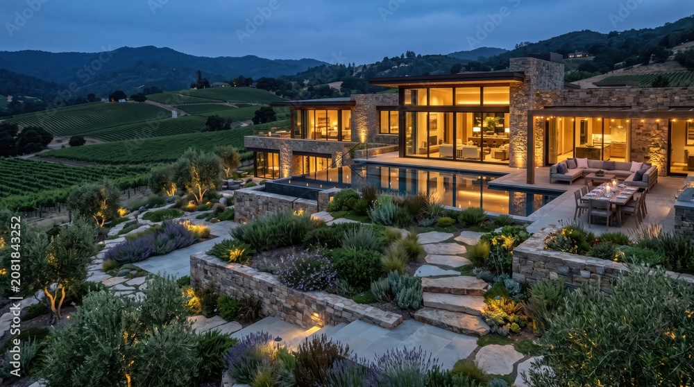 Fototapeta premium Stone vineyard villa with elevated pool and terraced garden at dusk