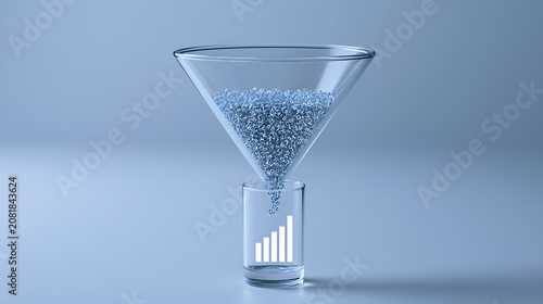 Abstract image showing a funnel of information flowing into a glass, symbolizing data analysis, conversion, optimization, and business growth