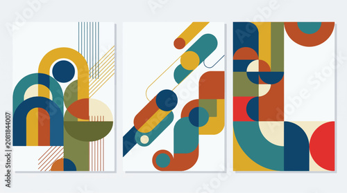 Bauhaus style geometric poster set, retro abstract vector backgrounds with circles and lines, mid-century modern wall art illustrations