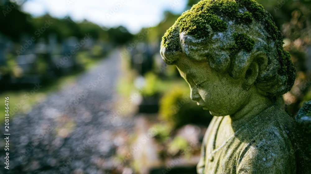 Obraz premium Old stone cherub angel sculpture covered in green moss stands in quiet graveyard during the day