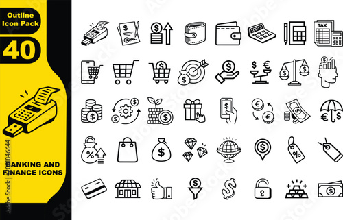 Banking and finance thin line icon set featuring 40 minimalist vector symbols designed for e-commerce, budgeting, and currency exchange