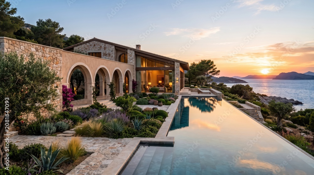 Fototapeta premium Mediterranean villa garden and infinity pool overlooking coastal islands at sunset
