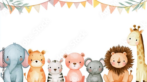  Cute safari animals watercolor border with bunting flags and tropical leaves. Baby shower and children birthday invitation template.