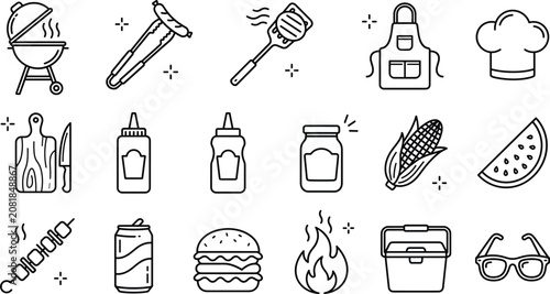 Foto Minimalist barbecue BBQ grill picnic line art vector icons set featuring burger