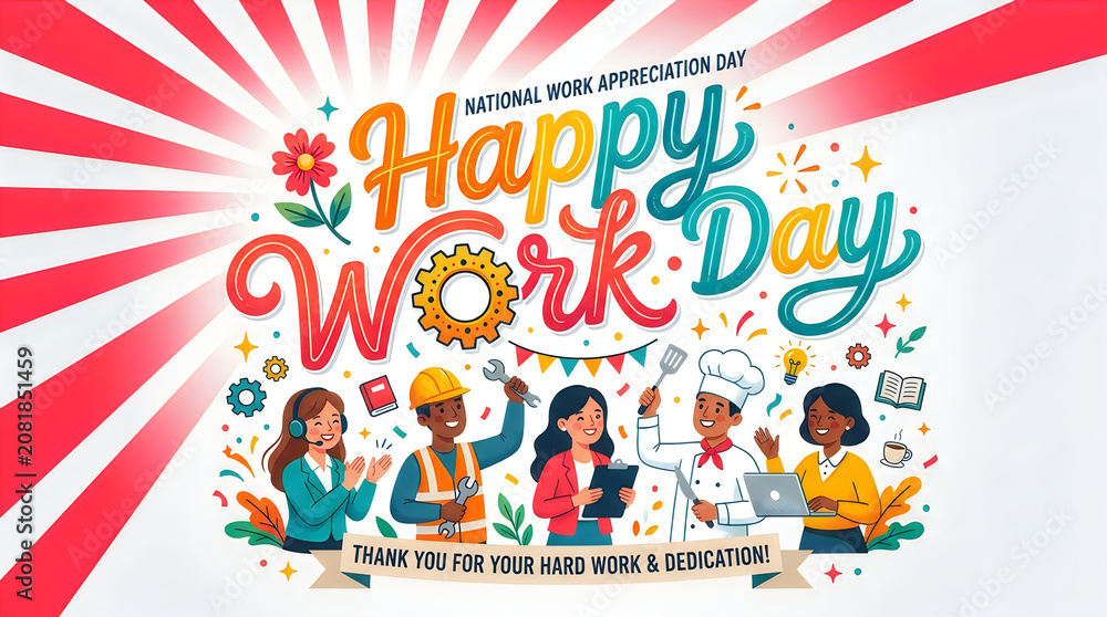 Fototapeta premium Colorful Work Anniversary Celebration Banner with Confetti and Cartoon Characters in Flat Design