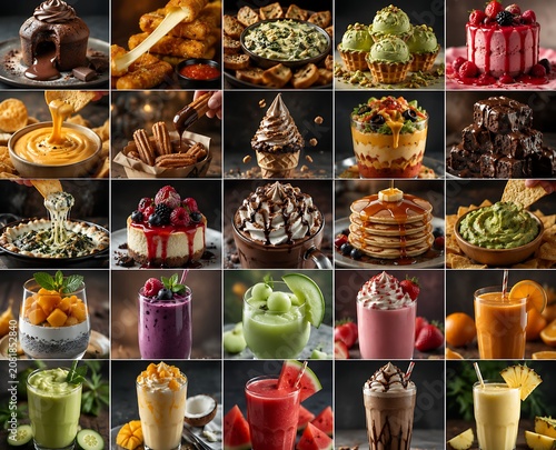 Colorful assortment of desserts, smoothies, and healthy food on dark background
